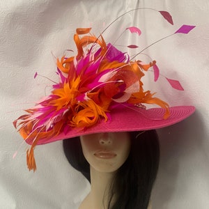 Hot Fuchsia Pink, Red, Orange, Feather Flower Wide Brim  display picture 3