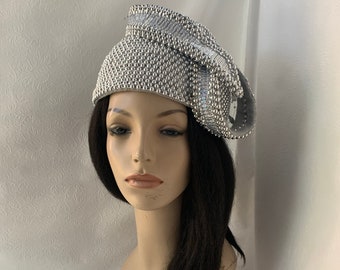 Silver metallic pearl beaded Women's Church hat, Tea Party, Mother of the Bride wedding hat, Brimless full size church hat with bow 22.5”