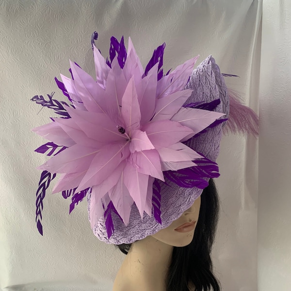 Kentucky Derby lilac purple feather flower fascinator hat for races, Oaks day hat, southern  Belle wedding hat, ladies Tea Party hat, Easter
