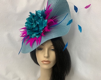 Light Blue Teal Hot Pink Feather Flower Kentucky Derby Fascinator Hat - racecourse millinery, Wedding guest hat