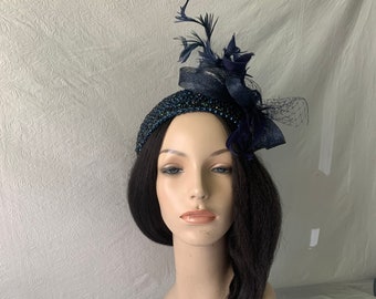 Dark Navy blue Church Fascinator Hat vintage 20s 50s half Hat Formal Pillbox Hat Cocktail Tea Party Mother of the bride wedding hat COGIC