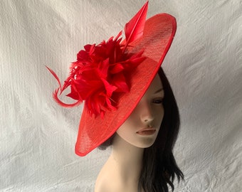 Red Kentucky Derby feather flower fascinator hat for women Tea Party hat Mother of the bride hat wedding red saucer disc hat for church