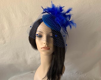 Royal Blue feather fascinator hat with dotted veil, Kentucky Derby hat, Bridal wedding hat, Tea party hat, church hat, Mother of the bride