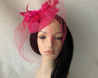 Hot pink fascinator with veil, Kentucky Derby, Fuchsia pink fascinator, Tea Party hat, Wedding hat, Mother of the bride, church fascinator