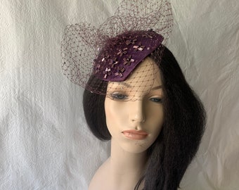 Purple Fascinator with veil, Plum Fascinator, Eggplant Wedding Hats,Mother of the Bride Hat, Purple Church hat, Purple Pillbox hat,Aubergine