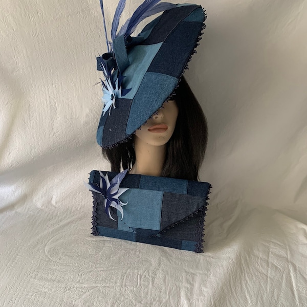 Denim jeans tovenaarhoed brede rand tovenaarhoed, schotelkantelhoed voor dames - kerkhoed, Kentucky Derby, theekransje, bruiloft, foto