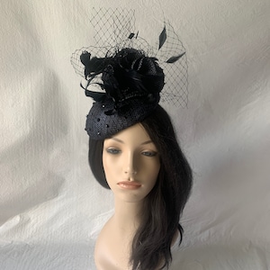 Black Fascinator Hat Rhinestone dotted veil for Kentucky Derby hat Wedding Mother of bride church Funeral Tea Party elegant fascinator Races