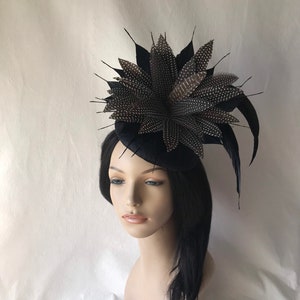 Kentucky Derby feather Fascinator hat, black Fascinator hat, black button hat, black and white spotted feather