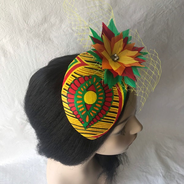 African Print Ankara mini Fascinator hat, Mother of the bride wedding hat, tea party, Women’s church hat, red, yellow, green, orange