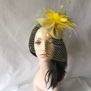 Yellow Sinamay & feather Fascinator Hat with veil  - Kentucky Derby, Wedding, church, Tea Party, Races, Occasion