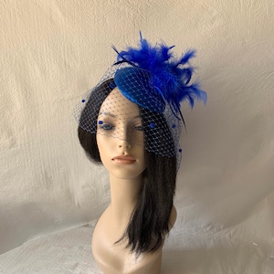 Royal Blue feather fascinator hat with dotted veil, Kentucky Derby hat, Bridal wedding hat, Tea party hat, church hat, Mother of the bride