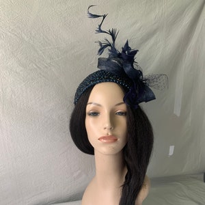 Dark Navy blue Church Fascinator Hat vintage 20s 50s half Hat Formal Pillbox Hat Cocktail Tea Party Mother of the bride wedding hat COGIC