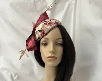 Pink with wine red cherry blossom styled fascinator hat, wedding, Kentucky derby hat, church hat, tea party, mother of bride hat, burgundy