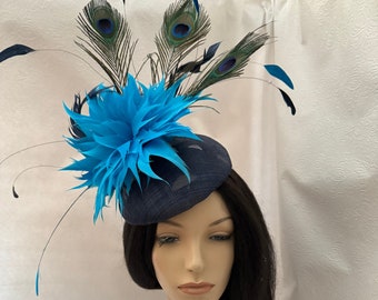 Navy with turquoise blue Women's Kentucky Derby Peacock Feather Fascinator hat, Tea Party Hat, Mother of bride, wedding hat, Races,