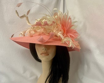 Peach pink and cream Kentucky derby Wide Brim feather  hat for races, Preakness, women church hat, Mother of bride wedding hat, Tea Party