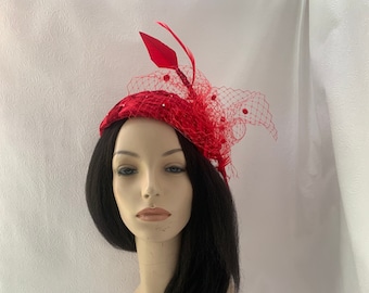 Fiery Red 1960 vintage style Women's formal church pillbox half hat with veil for tea party, wedding, Mother’s Day gift for her, derby party