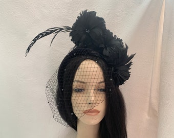 Black feather flower halo Velvet veil Fascinator: Perfect for Races, Kentucky derby, Mother of bride, Weddings, Tea Parties, Church & More!