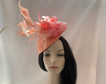 Coral pink Fascinator hat Kentucky derby hat, pink peach wedding hat, tea party hat, church hat, silk rose flower feather polo races hat