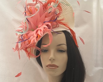 Coral pink feather Kentucky derby Fascinator hat for tea party hat, weddings, Ascot, church, mother of bride hat, Christening, Races, derby