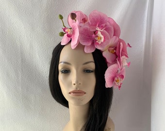 Pink Orchid Flower crown fascinator hat Floral derby Fascinator, Tea party hat, rockabilly orchid headband, bridal wedding orchid headpiece