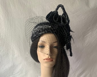 Black women’s church hat,  vintage style 1950s half hat with veil, Elegant formal church hat, Tea Party hat, Mother of bride Wedding hat