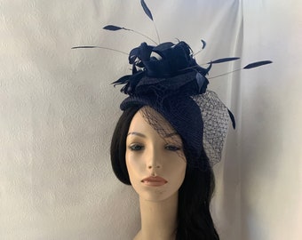 Dark navy blue fascinator hat with veil for wedding, mother of bride hat, women’s church hat, formal hat, tea party hat, Kentucky derby hat