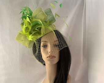 Lime chartreuse green Kentucky derby mini pillbox feather fascinator hat, Statement hat for wedding, church and special events