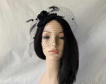 Black mini fascinator hat with dotted birdcage veil for wedding, Funeral, church, Tea Party, Kentucky Derby, Photoshoot