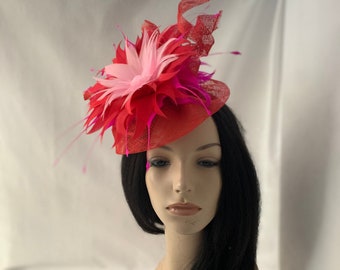Red Kentucky derby Sinamay fascinator hat with pink, hot fuchsia pink feather flower tea Party hat, Mother of bride wedding hat church