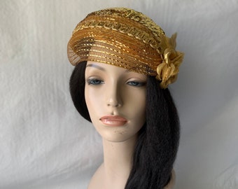 Gold Vintage Inspired 1950s-1960s Half Hat, Gold Wedding hat,Gold Church hat, Gold fascinator hat, Gold Bridal Hat, Gold Straw Mesh hat