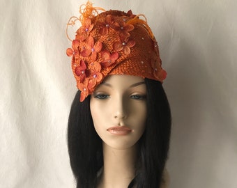 Burnt orange Fancy Elegant Church hat with flower, Mother of the Bride hat, Women’s Tea Party hat, Formal Church hat, Swarovski Crystal hat