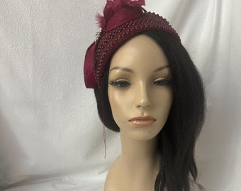 Burgundy pearl and rhinestone church half hat - dark wine red wedding, mother of bride hat,  tea party, or any special occasion