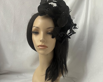 Black Orchid Flower Fascinator hat for wedding, Kentucky derby, Church, High Tea Party hat, floral headpiece
