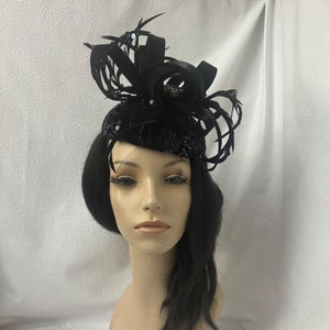 Black fancy sequin pillbox Fascinator with bow swirl hat for Women - black Church hat, Cocktail, Derby races,  Tea Party, formal