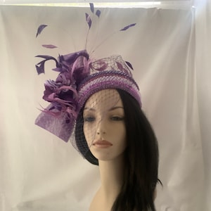 Purple elegant pearl beaded fascinator veil headband hat with feathers, bow and flowers for church, wedding, Kentucky derby, tea party