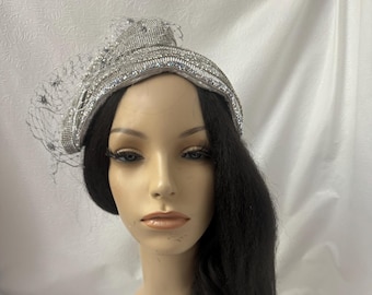 Silver Metallic All Rhinestone vintage style Fascinator Veil Hat for Weddings & Special Occasions  Luxury Church half hat