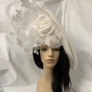 White Oversized Rose Kentucky derby Sinamay Fascinator Hat for races, church, Wedding  Hat, Couture Floral Headpiece, Designer hat
