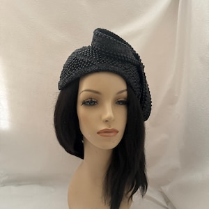 Black rhinestone pearl beaded vintage 1950s -1960s Women's Church half hat with bow, Mother of the Bride, wedding hat, fancy tea party hat