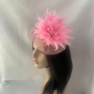 Pink sinamay & feather fascinator - Kentucky Derby, Tea Party, Mother of the bride, Wedding, Church