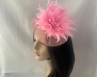 Pink feather Sinamay fascinator for Tea party Kentucky Derby, Mother of the bride, Wedding, Church