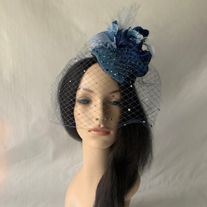 Blue denim jeans Kentucky derby tea party fascinator hat with veil, mother of the bride wedding hat, women’s mini church hat, Cocktail hat