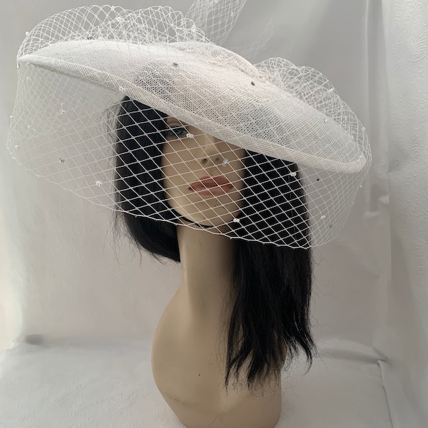 White Large Brim Fascinator Hat with Pearl and rhinestone Veil for Bridal wedding hat, Funeral, church, Tea Party, Kentucky Derby hat