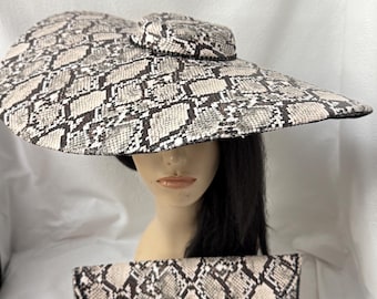 Black and White Python Snakeskin Print Wide Brim Statement Hatinator and Matching Purse Set for Derby, Wedding Guest, Church or Tea Party
