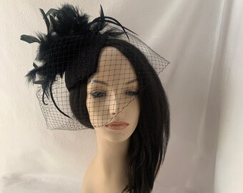 Black Feather Fascinator Hat for Kentucky Derby, bridal hat, church, wedding
