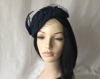 Navy Felt Wool Vintage Inspired 1950s-1960s Half Hat, Navy Blue Wedding hat, Navy Church hat,Navy fascinator hat, Navy Felt winter hat