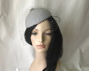 Gray Fascinator church Hat Veil felt wool Fascinator 20s 50s vintage pillbox   Tea Party Derby Hat Fascinator Bridal Wedding Veil funeral