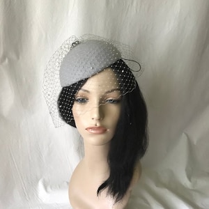 Gray Fascinator church Hat Veil felt wool Fascinator 20s 50s vintage pillbox   Tea Party Derby Hat Fascinator Bridal Wedding Veil funeral