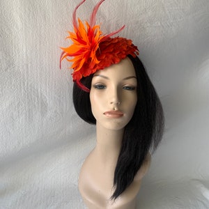 Red Orange flower Kentucky Derby fascinator hat with feather Mother of the bride wedding hat Derby Tea Party hat ladies church hat image 3