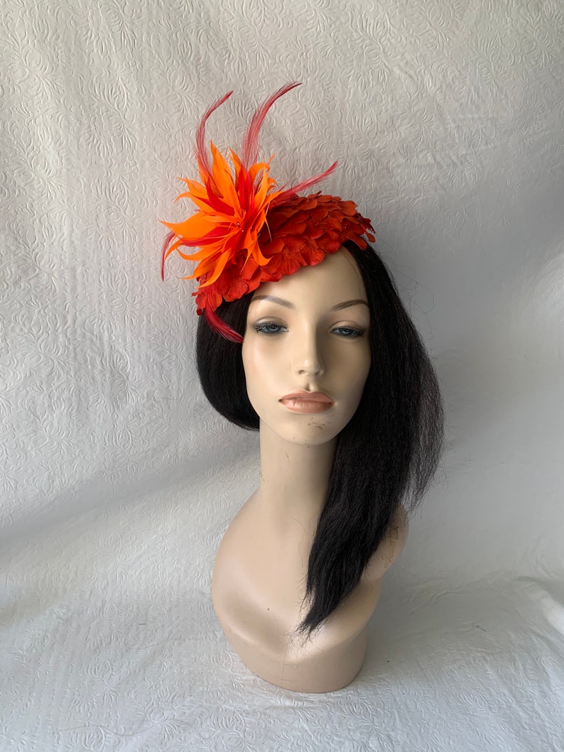 Red Orange flower Kentucky Derby fascinator hat with feather Mother of the bride wedding hat Derby Tea Party hat ladies church hat image 3