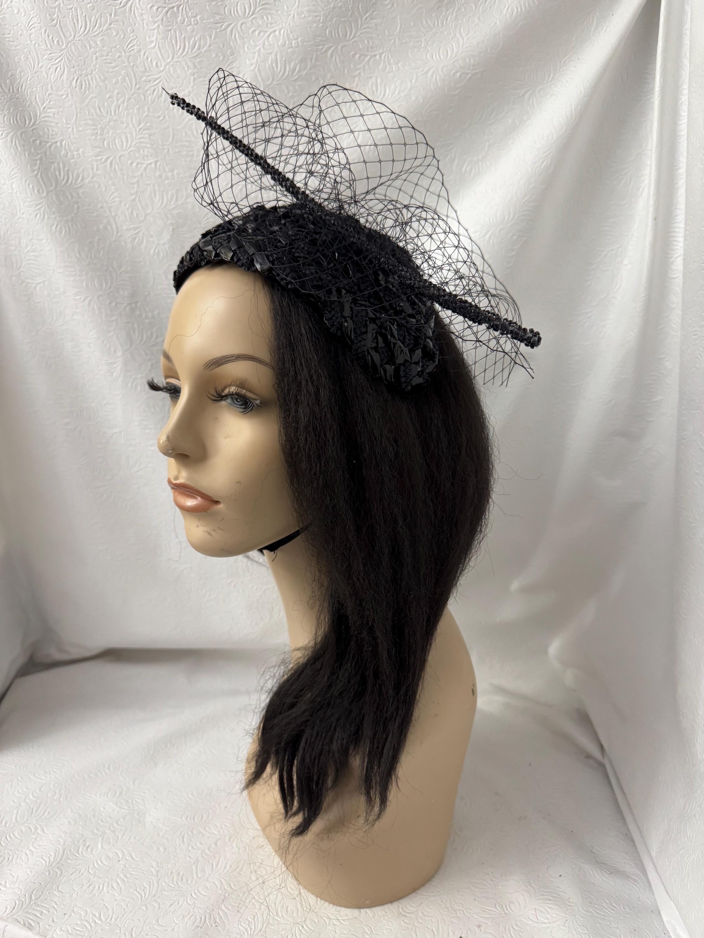 Elegant Black Woven Church Fascinator With Pearl Quill 